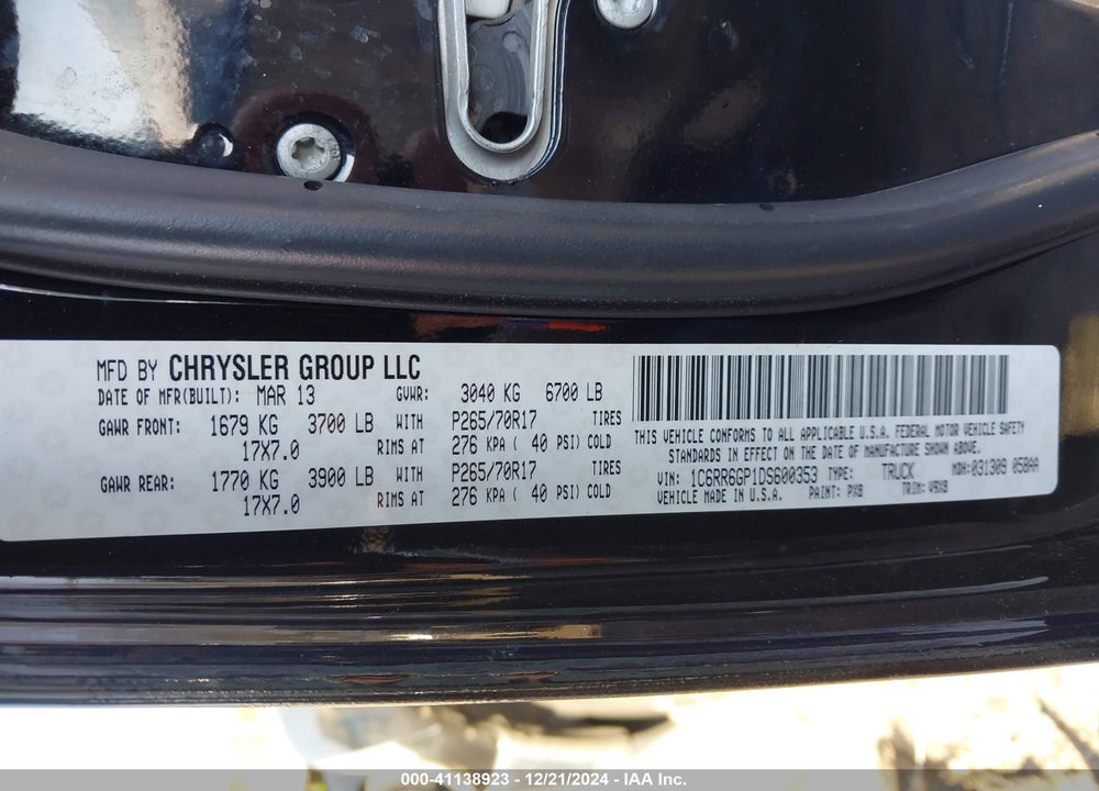 2013 RAM 1500 SLT VIN: 1C6RR6GP1DS600353