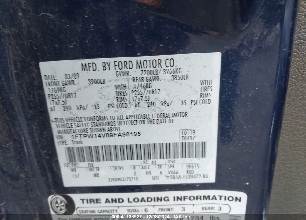 2009 FORD F-150 FX4/KING RANCH/LARIAT/PLATINUM/XL/XLT VIN: 1FTPW14V89FA98195