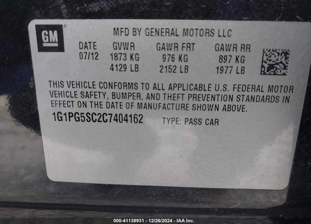 2012 CHEVROLET CRUZE 2LT VIN: 1G1PG5SC2C7404162