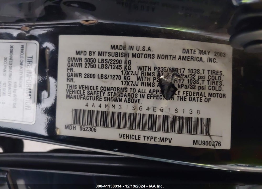 2004 MITSUBISHI ENDEAVOR XLS VIN: 4A4MM31S64E018138