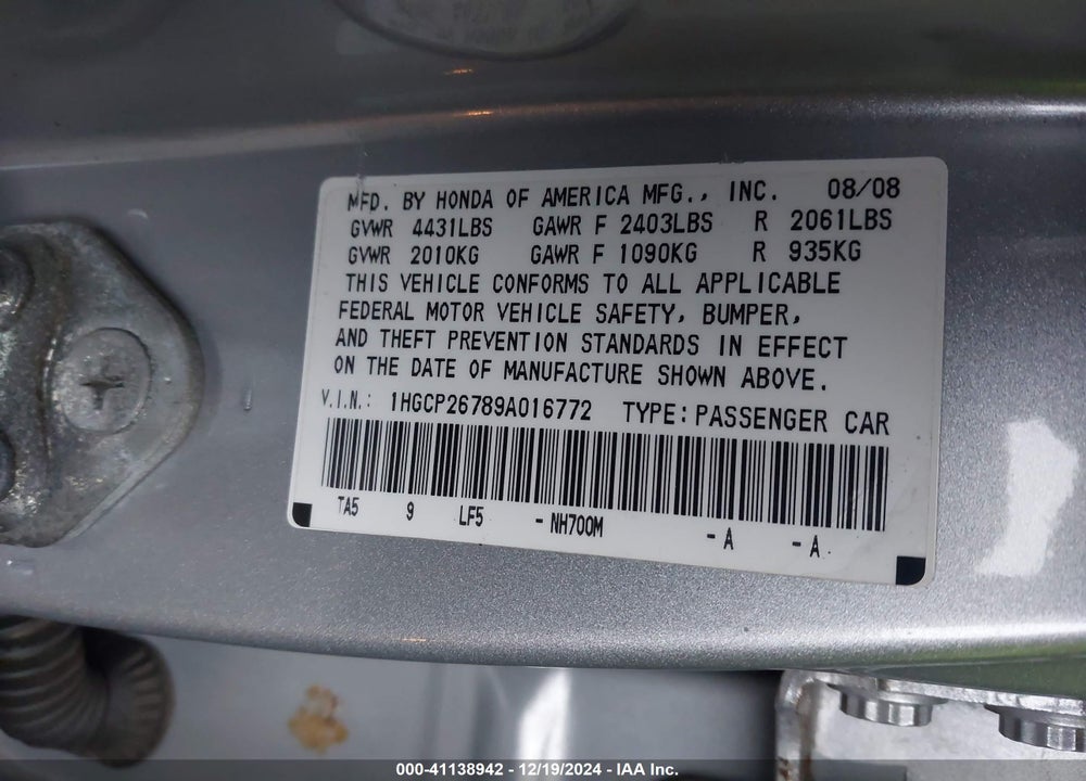 2009 HONDA ACCORD 2.4 EX VIN: 1HGCP26789A016772