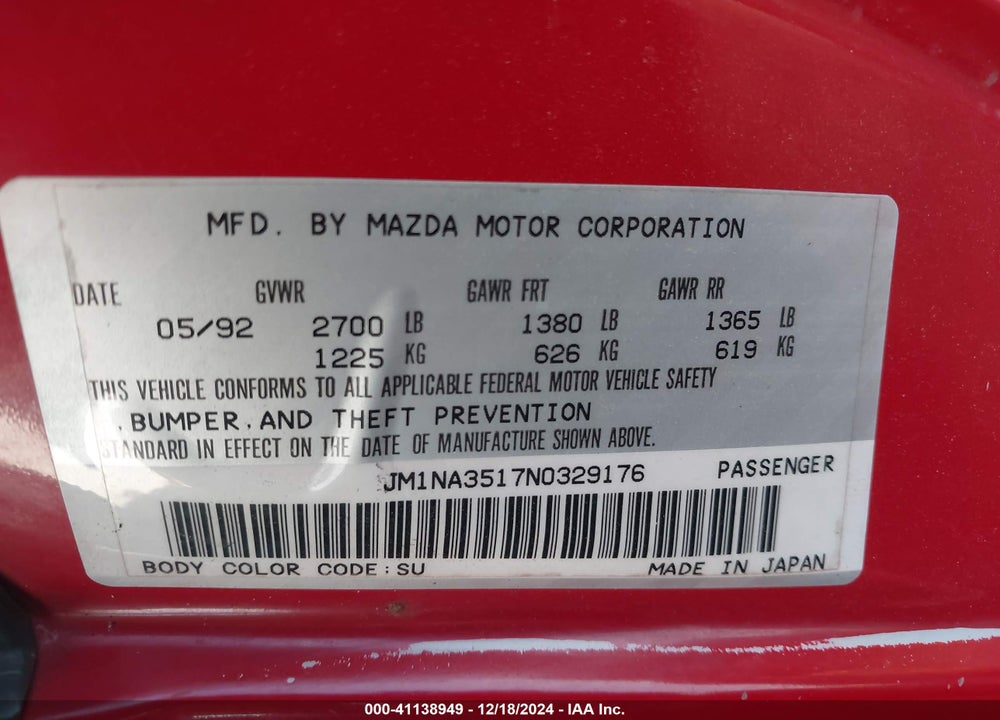 1992 MAZDA MX-5 MIATA VIN: JM1NA3517N0329176