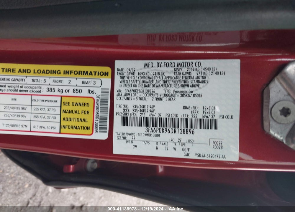2013 FORD FUSION TITANIUM VIN: 3FA6P0K96DR138896