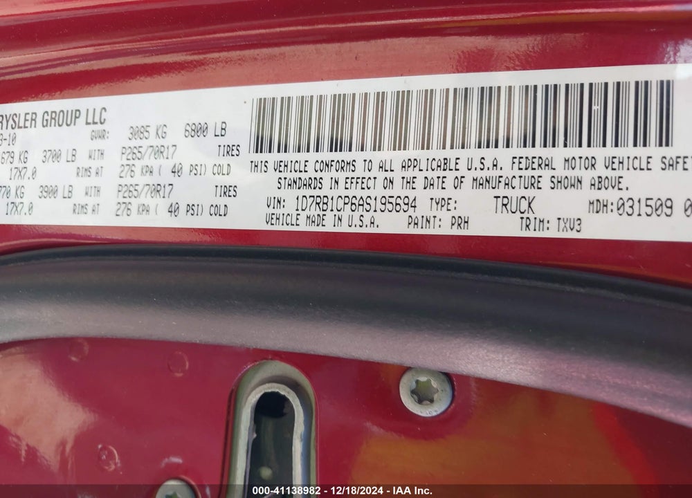 2010 DODGE RAM 1500 ST VIN: 1D7RB1CP6AS195694
