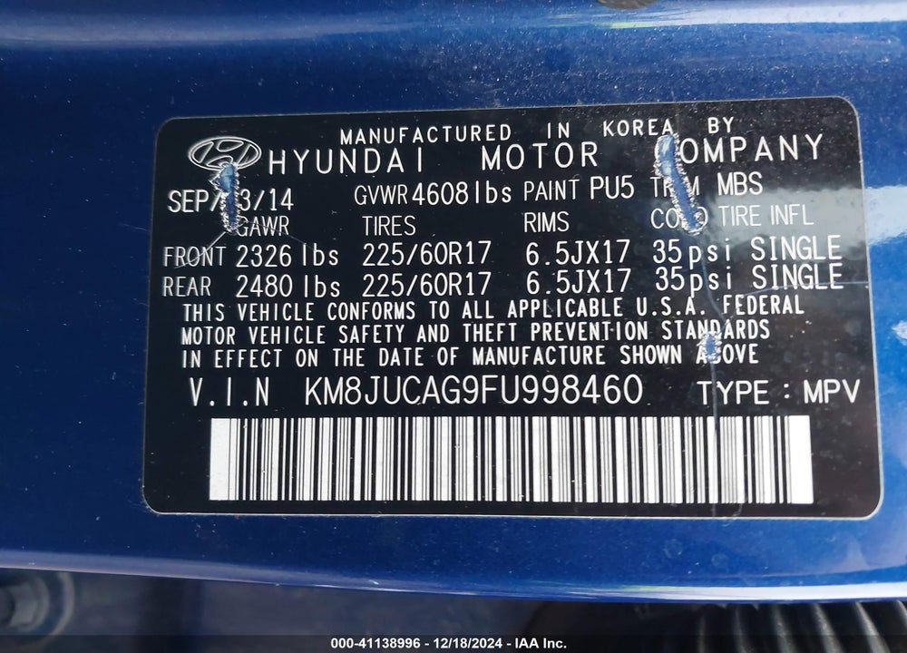 2015 HYUNDAI TUCSON SE VIN: KM8JUCAG9FU998460