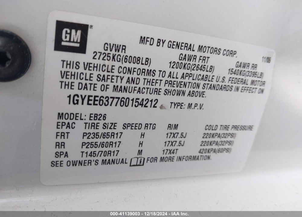 2006 CADILLAC SRX V6 VIN: 1GYEE637760154212