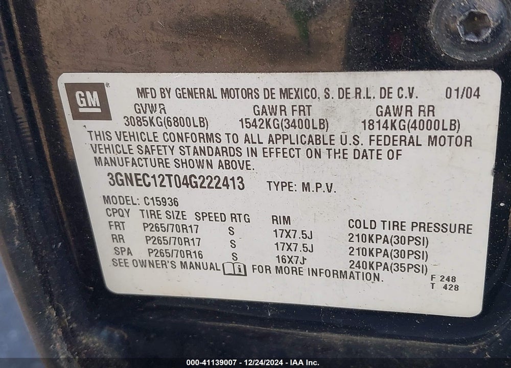 2004 CHEVROLET AVALANCHE 1500 VIN: 3GNEC12T04G222413