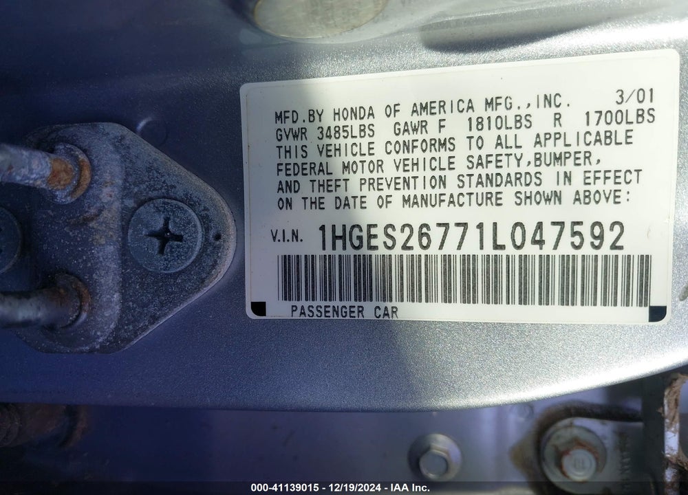 2001 HONDA CIVIC EX VIN: 1HGES26771L047592