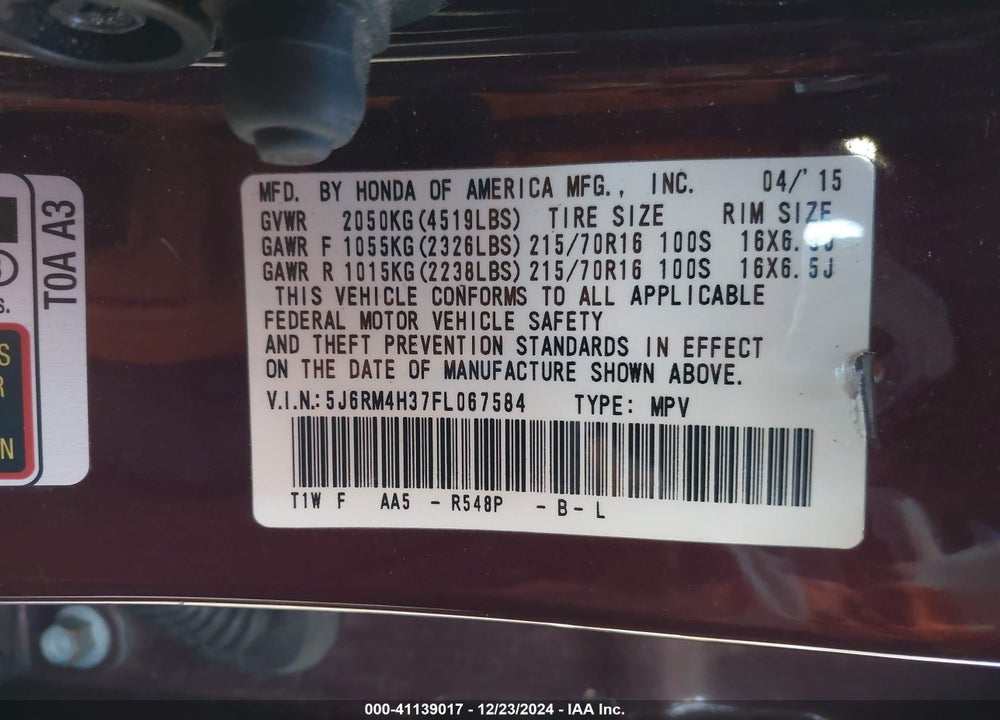 2015 HONDA CR-V LX VIN: 5J6RM4H37FL067584