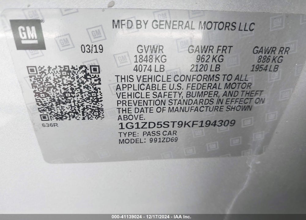 2019 CHEVROLET MALIBU LT VIN: 1G1ZD5ST9KF194309