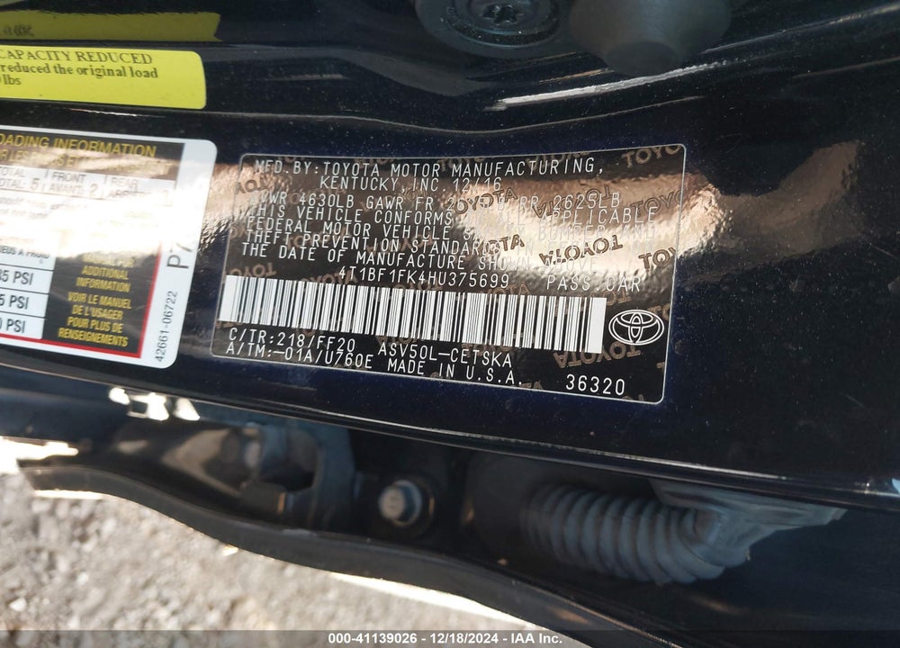 2017 TOYOTA CAMRY SE VIN: 4T1BF1FK4HU375699