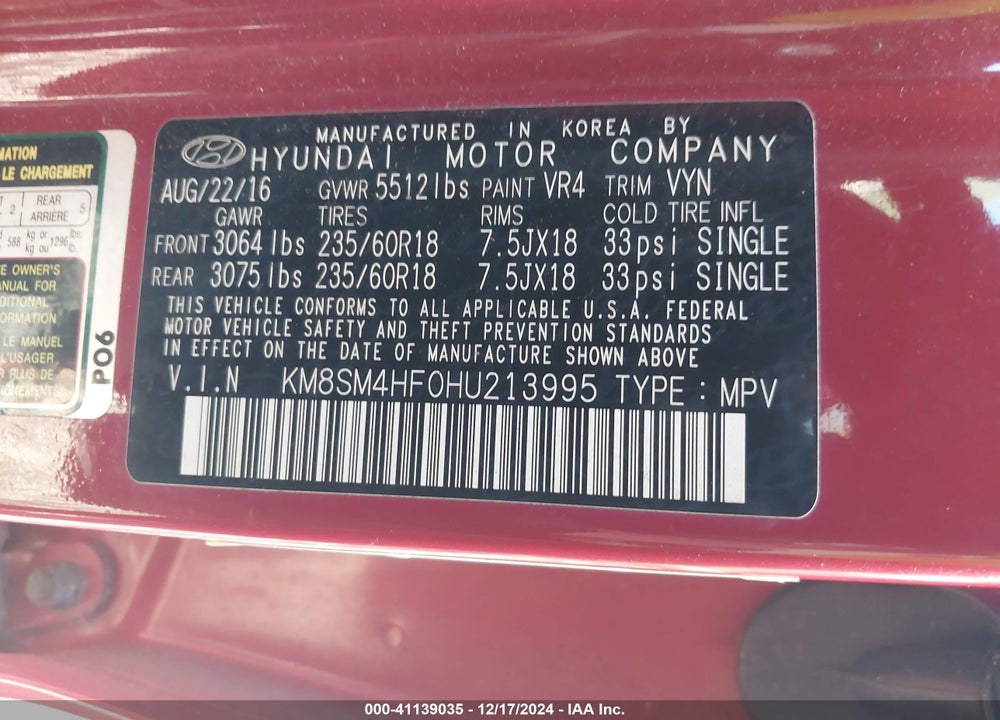 2017 HYUNDAI SANTA FE SE VIN: KM8SM4HF0HU213995