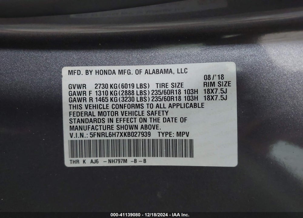 2019 HONDA ODYSSEY EX-L VIN: 5FNRL6H7XKB027939