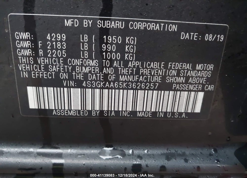 2019 SUBARU IMPREZA 2.0I VIN: 4S3GKAA65K3626257
