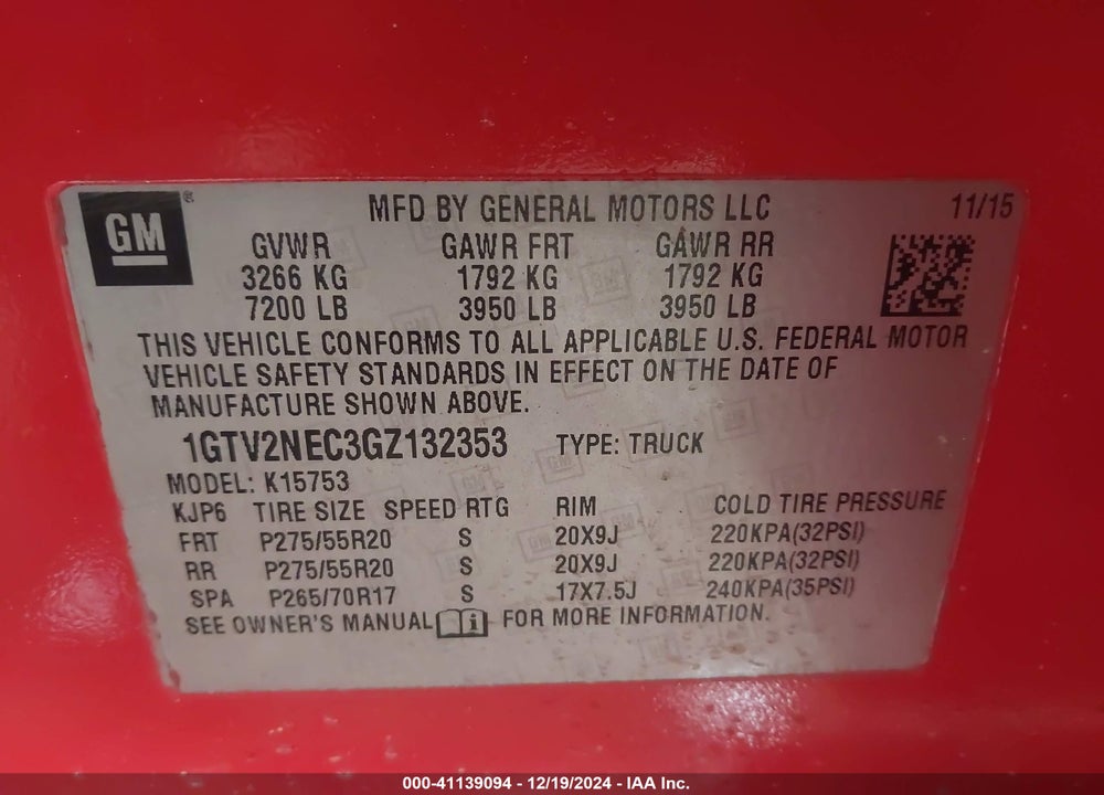 2016 GMC SIERRA 1500 SLT VIN: 1GTV2NEC3GZ132353