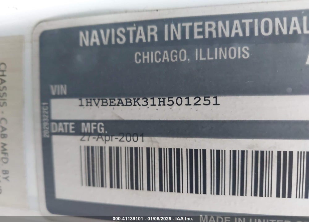 2001 INTERNATIONAL 3000 3400 VIN: 1HVBEABK31H501251