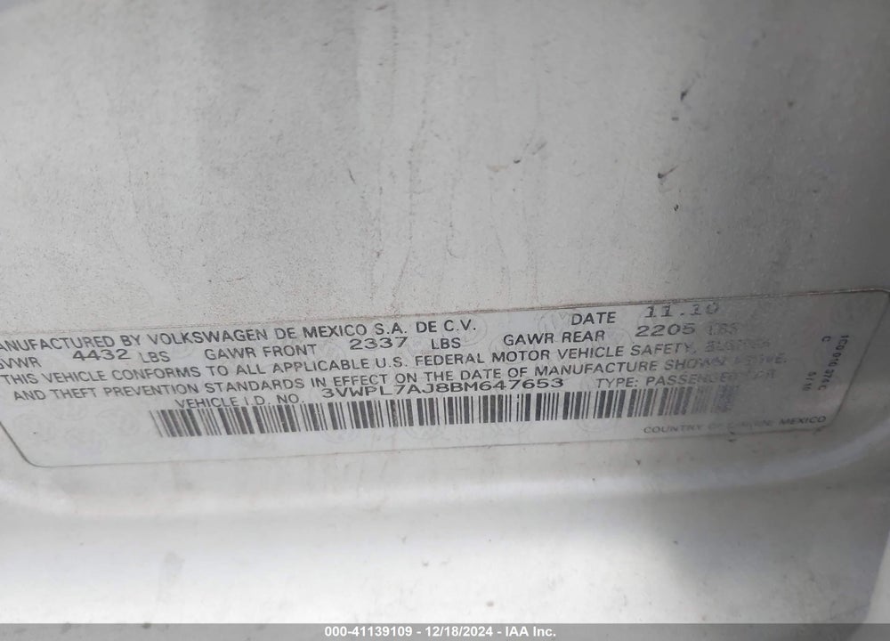 2011 VOLKSWAGEN JETTA SPORTWAGEN 2.0L TDI VIN: 3VWPL7AJ8BM647653