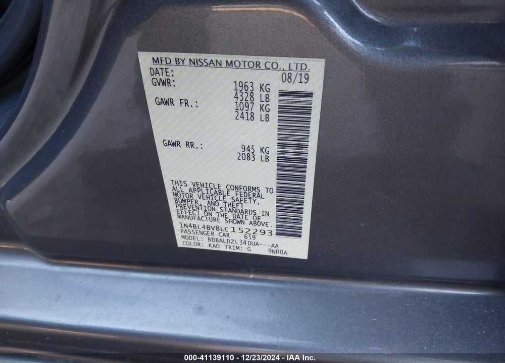 2020 NISSAN ALTIMA S FWD VIN: 1N4BL4BV8LC152293