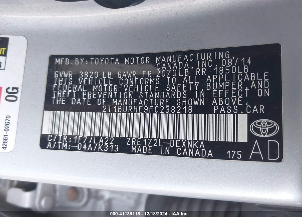 2015 TOYOTA COROLLA LE PREMIUM VIN: 2T1BURHE9FC238218