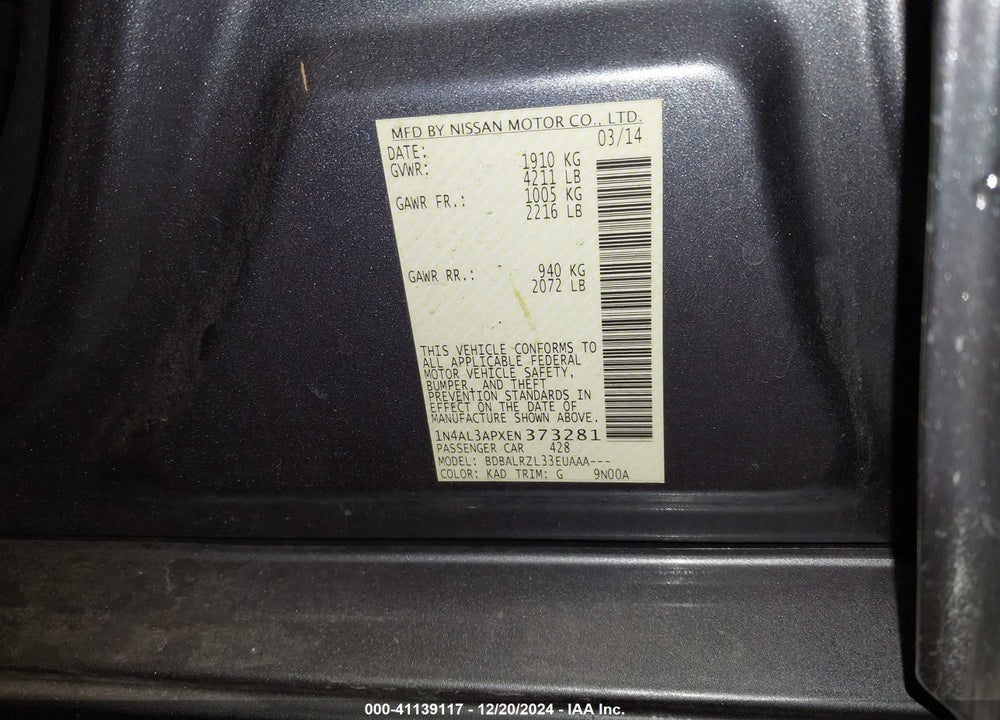 2014 NISSAN ALTIMA VIN: 1N4AL3APXEN373281