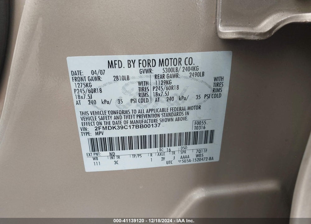 2007 FORD EDGE SEL PLUS VIN: 2FMDK39C17BB00137