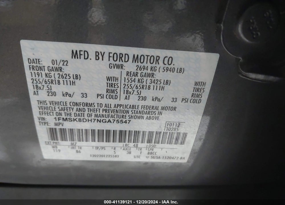 2022 FORD EXPLORER XLT VIN: 1FMSK8DH7NGA75547