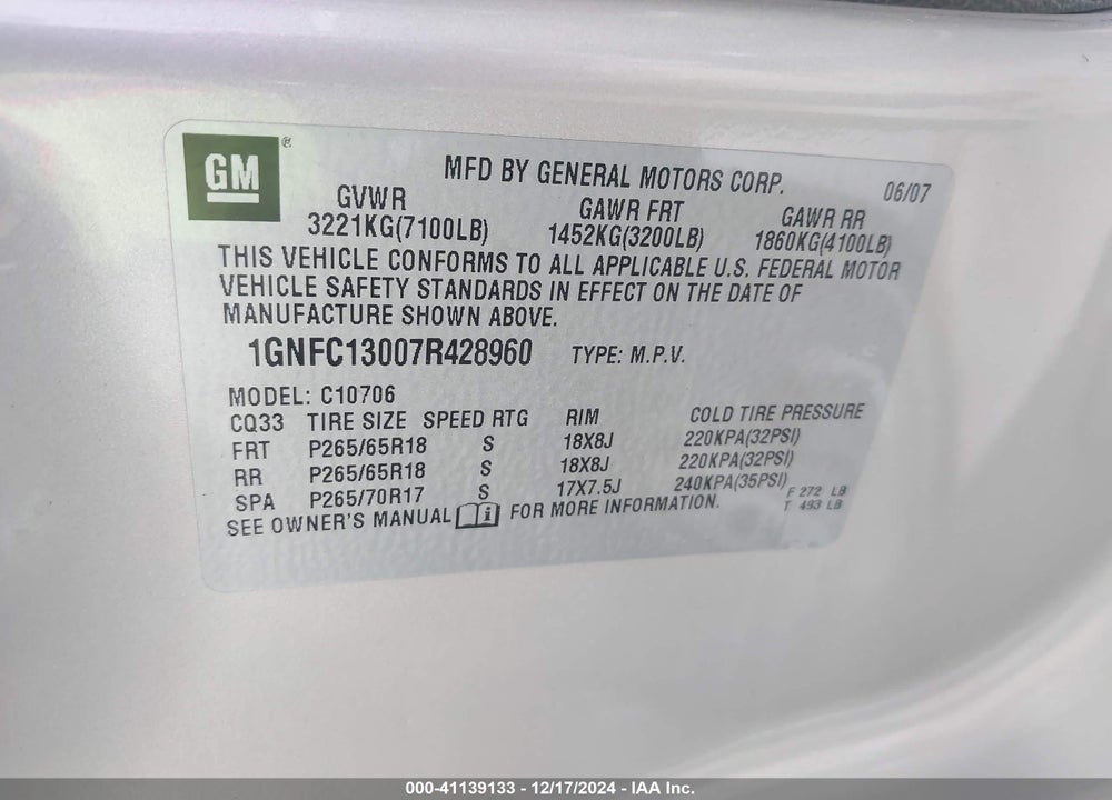2007 CHEVROLET TAHOE LT VIN: 1GNFC13007R428960