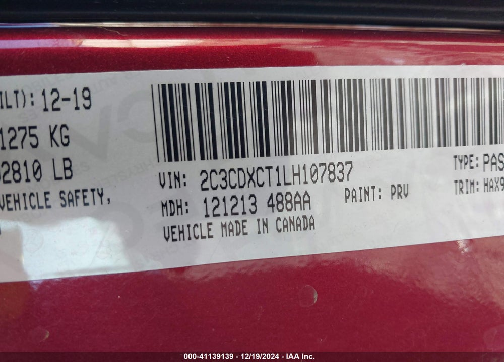 2020 DODGE CHARGER VIN: 2C3CDXCT1LH107837
