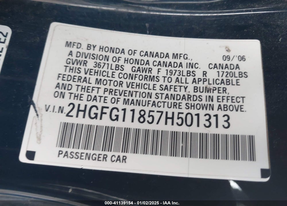 2007 HONDA CIVIC VIN: 2HGFG11857H501313