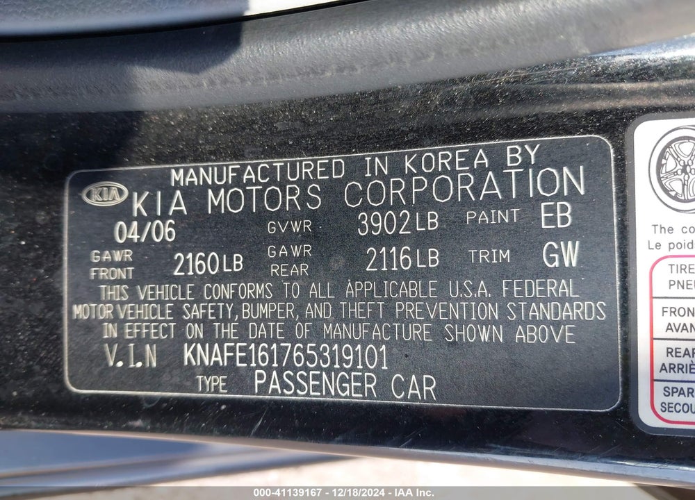 2006 KIA SPECTRA5 VIN: KNAFE161765319101