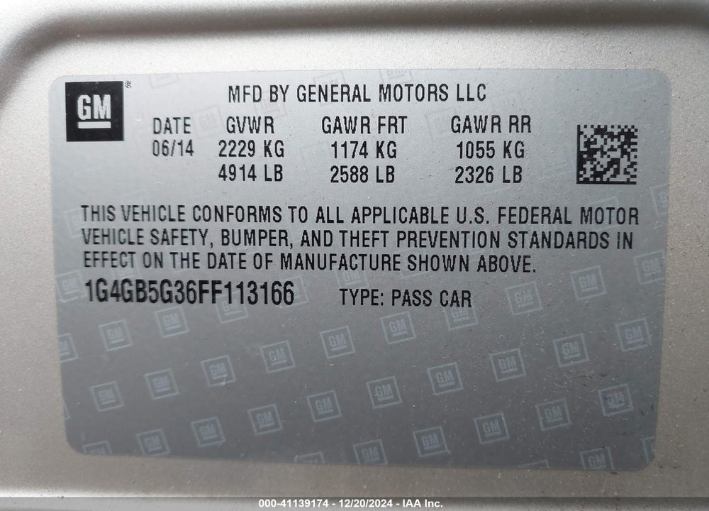 2015 BUICK LACROSSE LEATHER VIN: 1G4GB5G36FF113166