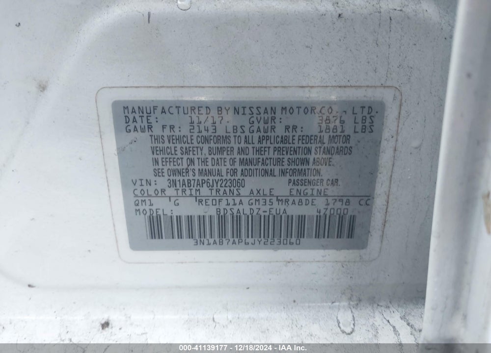 2018 NISSAN SENTRA SV VIN: 3N1AB7AP6JY223060