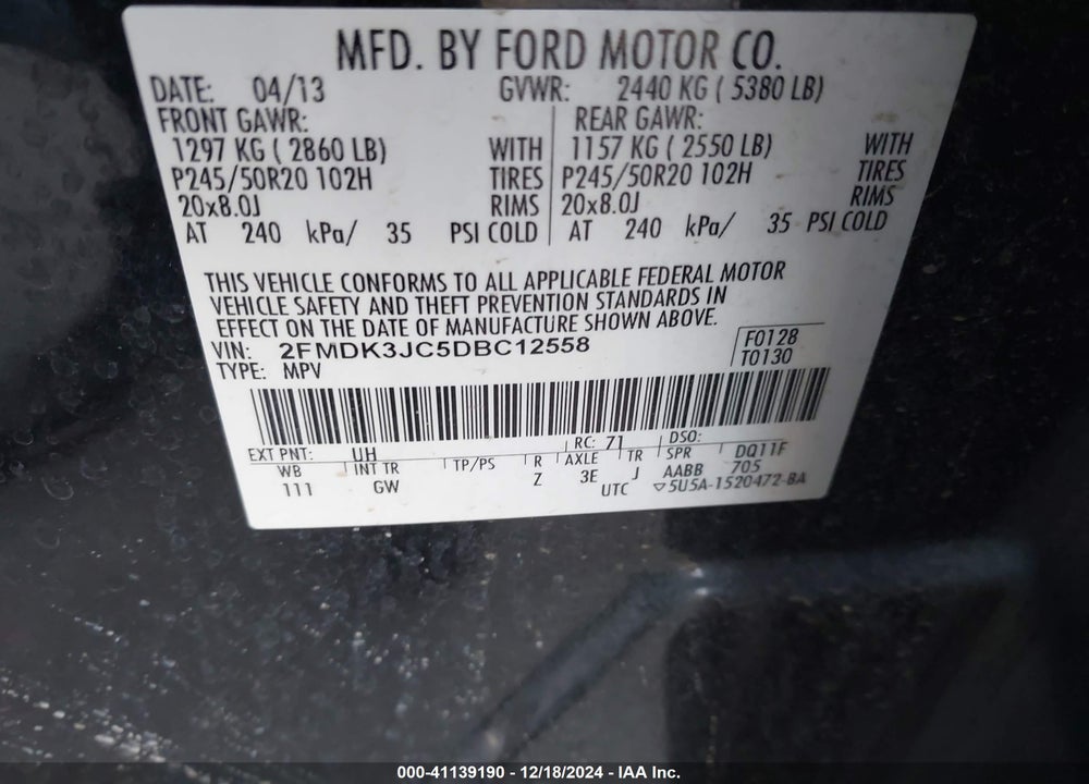 2013 FORD EDGE SEL VIN: 2FMDK3JC5DBC12558