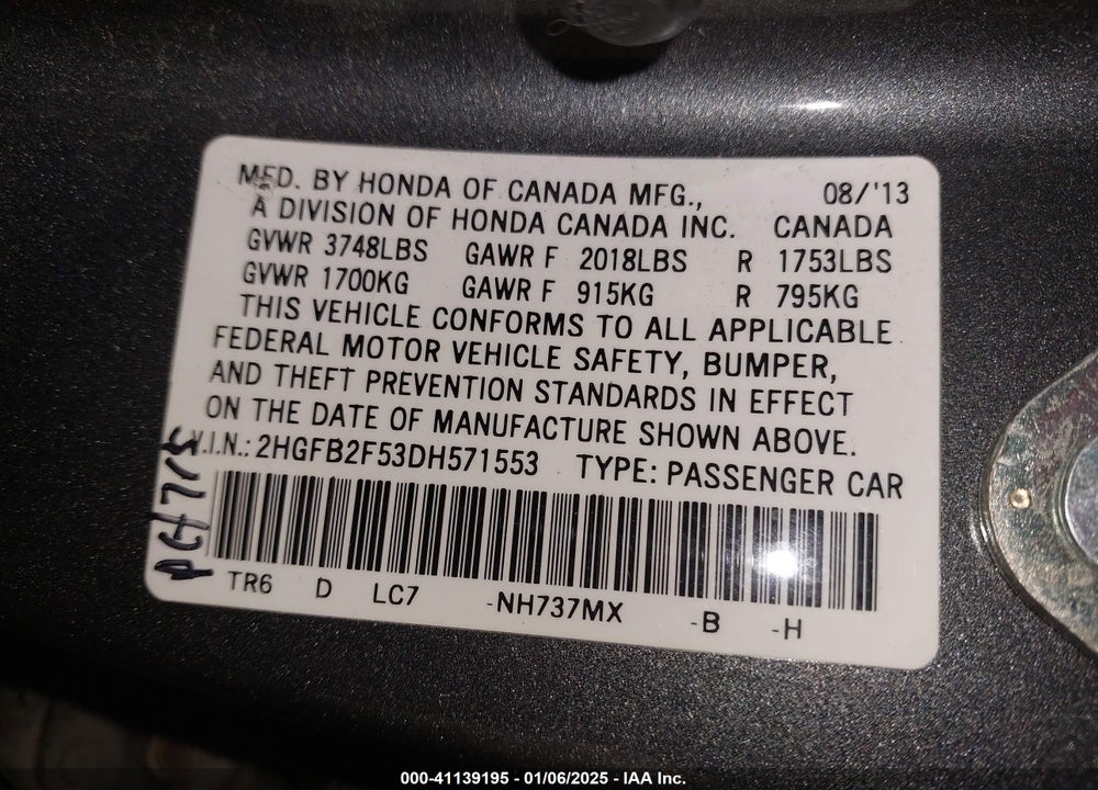 2013 HONDA CIVIC VIN: 2HGFB2F53DH571553