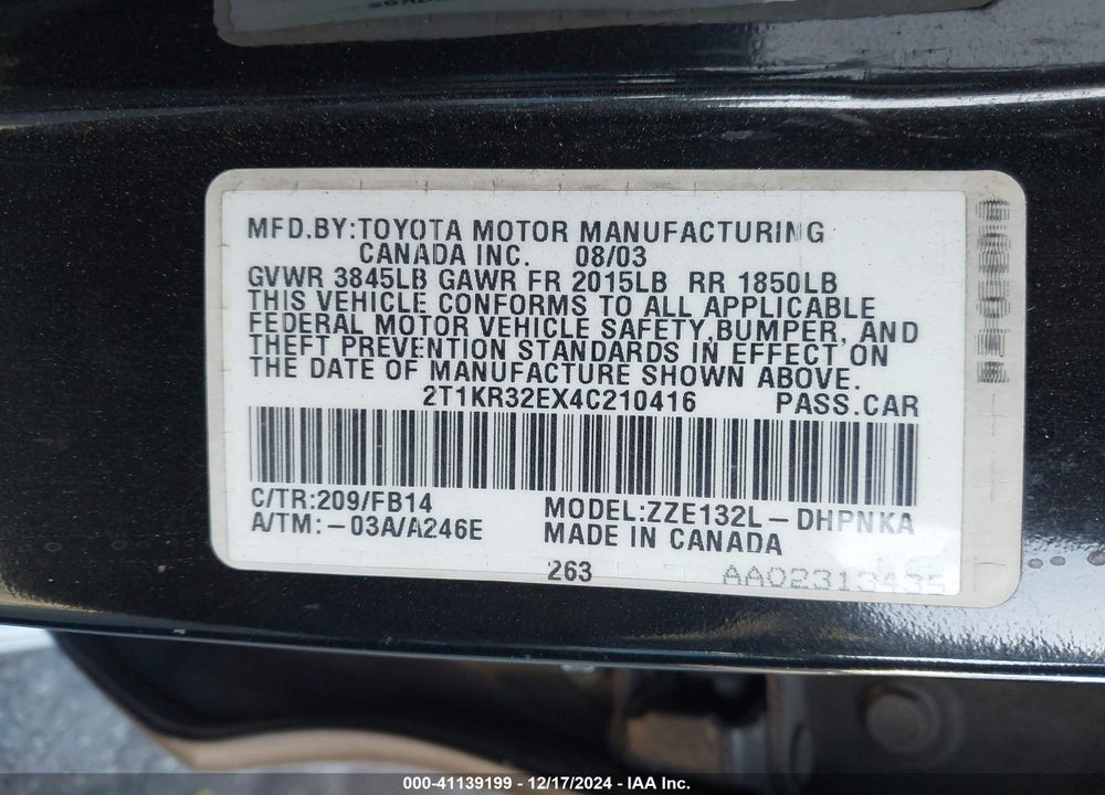 2004 TOYOTA MATRIX/XR VIN: 2T1KR32EX4C210416