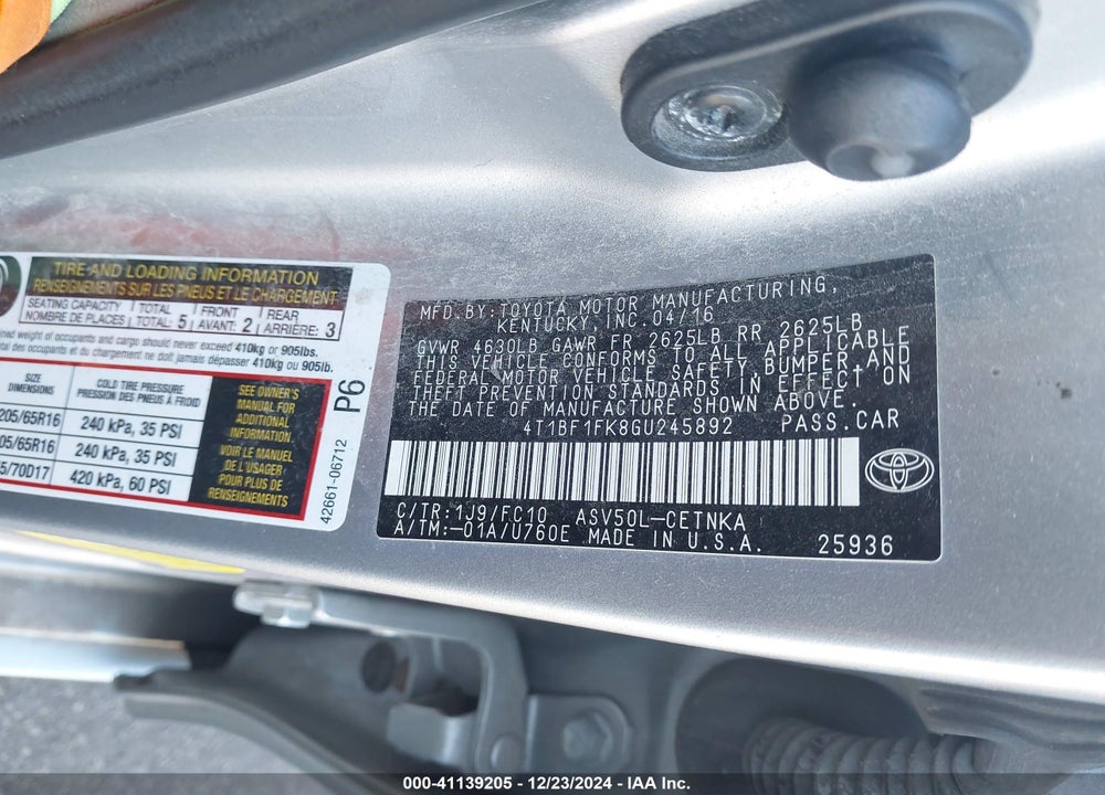 2016 TOYOTA CAMRY LE VIN: 4T1BF1FK8GU245892