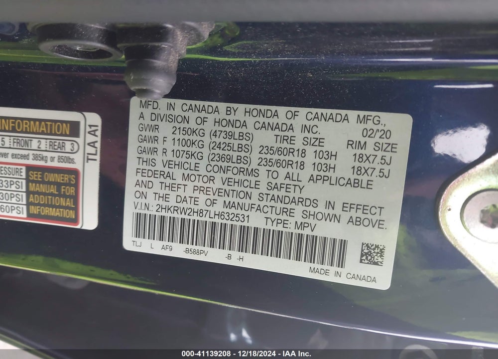 2020 HONDA CR-V AWD EX-L VIN: 2HKRW2H87LH632531