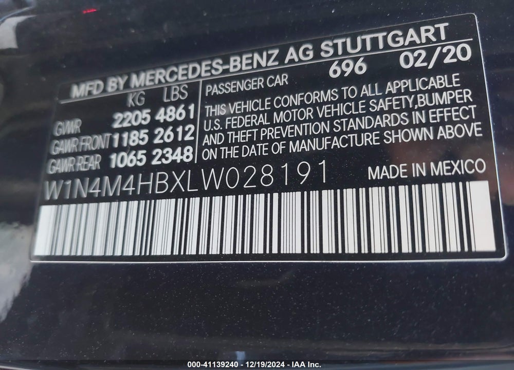 2020 MERCEDES-BENZ GLB 250 4MATIC VIN: W1N4M4HBXLW028191