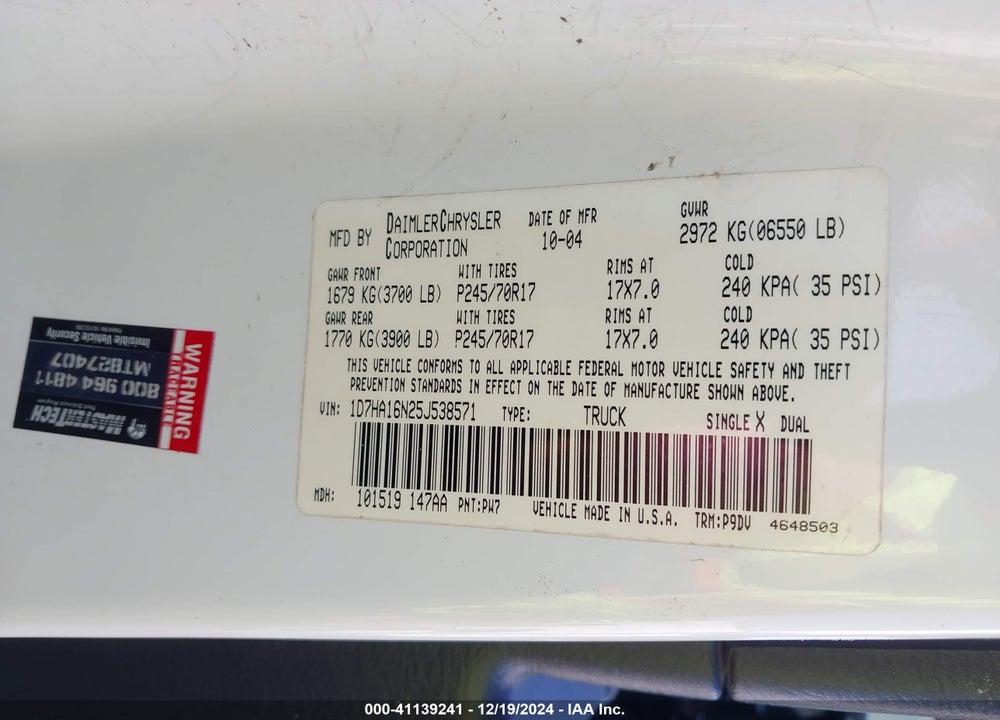 2005 DODGE RAM 1500 ST VIN: 1D7HA16N25J538571