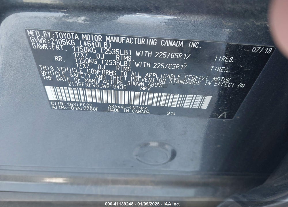 2018 TOYOTA RAV4 XLE VIN: 2T3RFREV5JW819436
