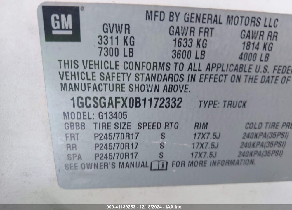2011 CHEVROLET EXPRESS 1500 WORK VAN VIN: 1GCSGAFX0B1172332