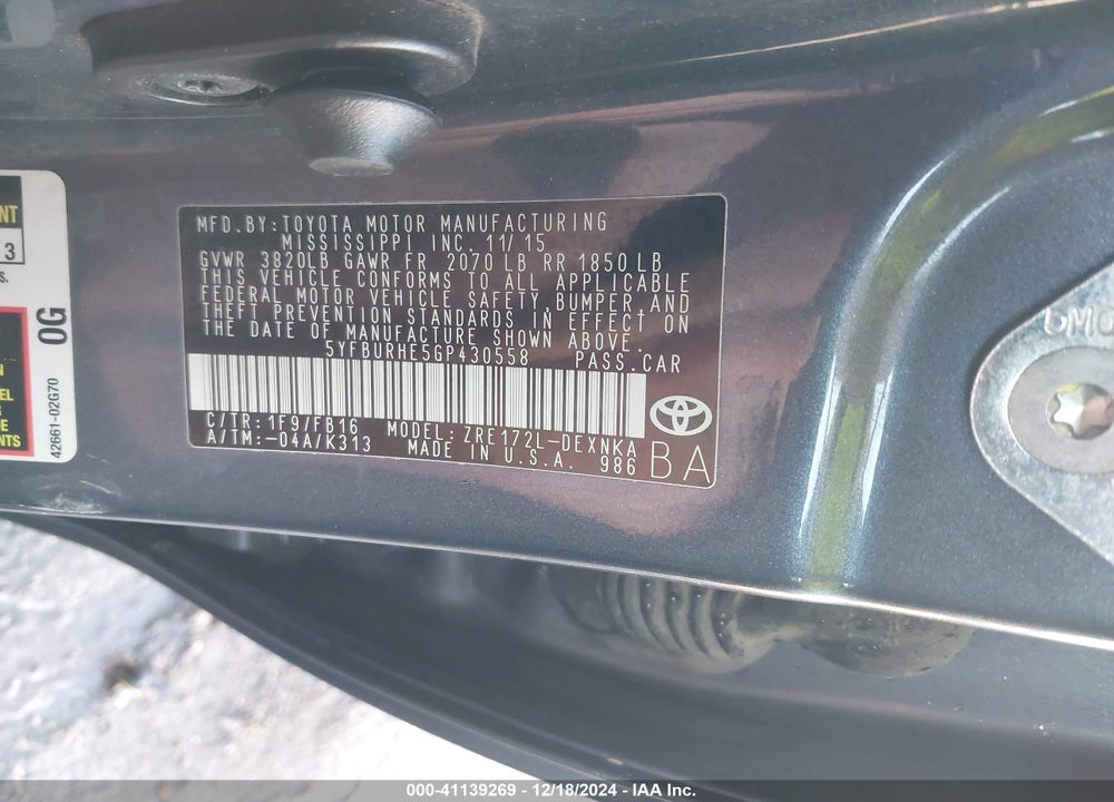 2016 TOYOTA COROLLA VIN: 5YFBURHE5GP430558