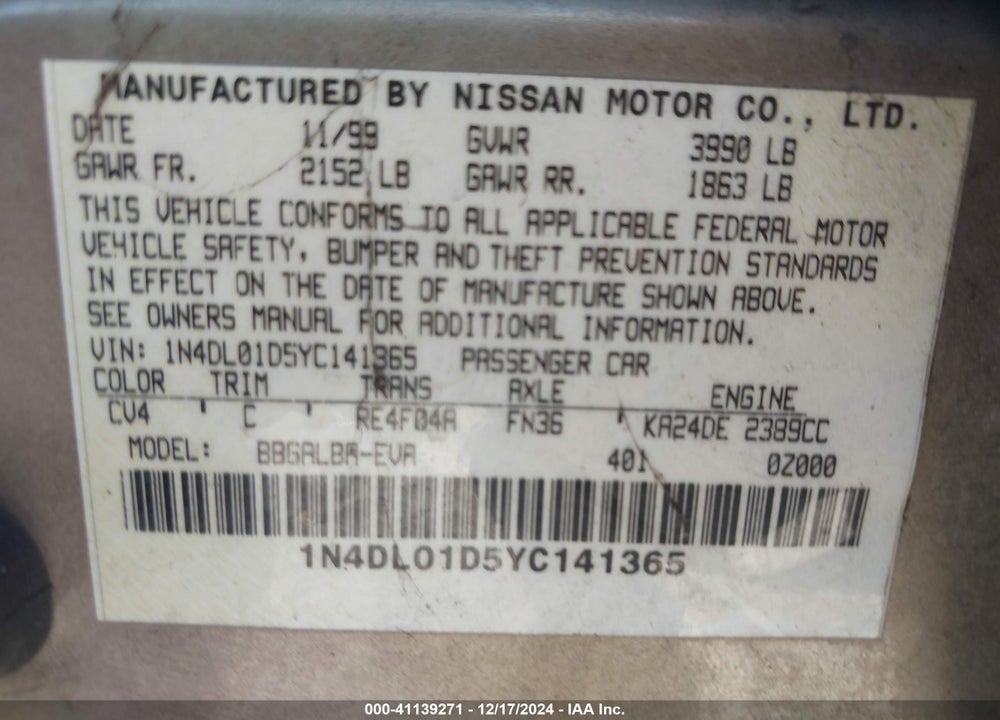 2000 NISSAN ALTIMA GLE/GXE/SE/XE VIN: 1N4DL01D5YC141365