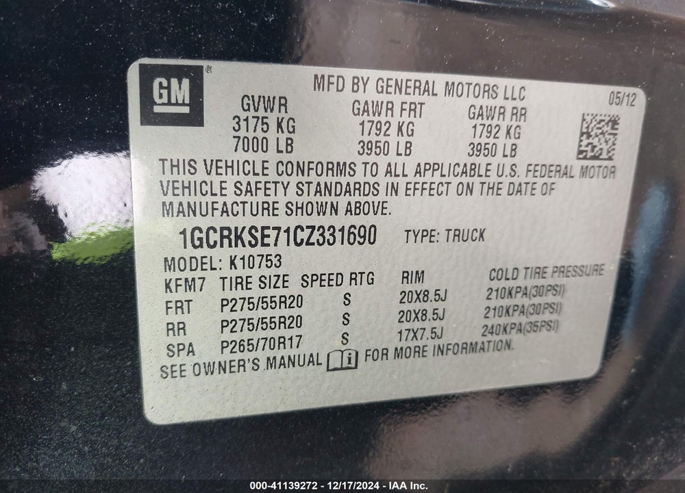 2012 CHEVROLET SILVERADO 1500 LT VIN: 1GCRKSE71CZ331690