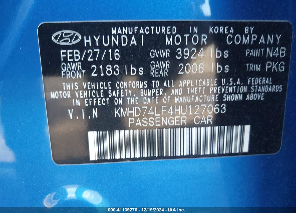 2017 HYUNDAI ELANTRA SE VIN: KMHD74LF4HU127063