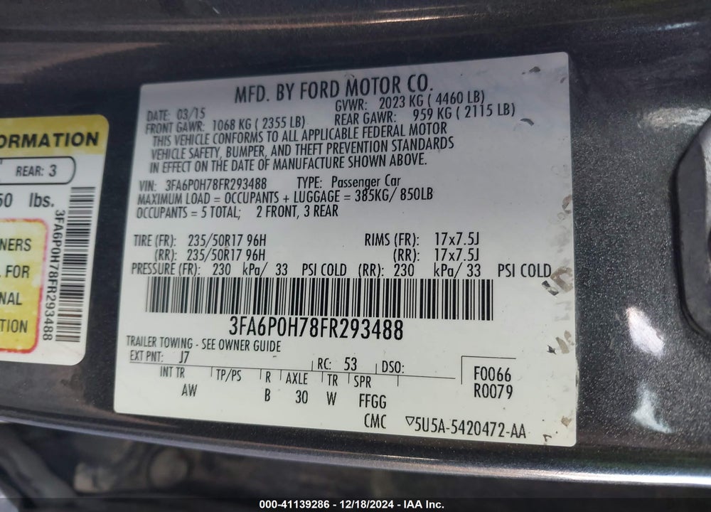 2015 FORD FUSION VIN: 3FA6P0H78FR293488