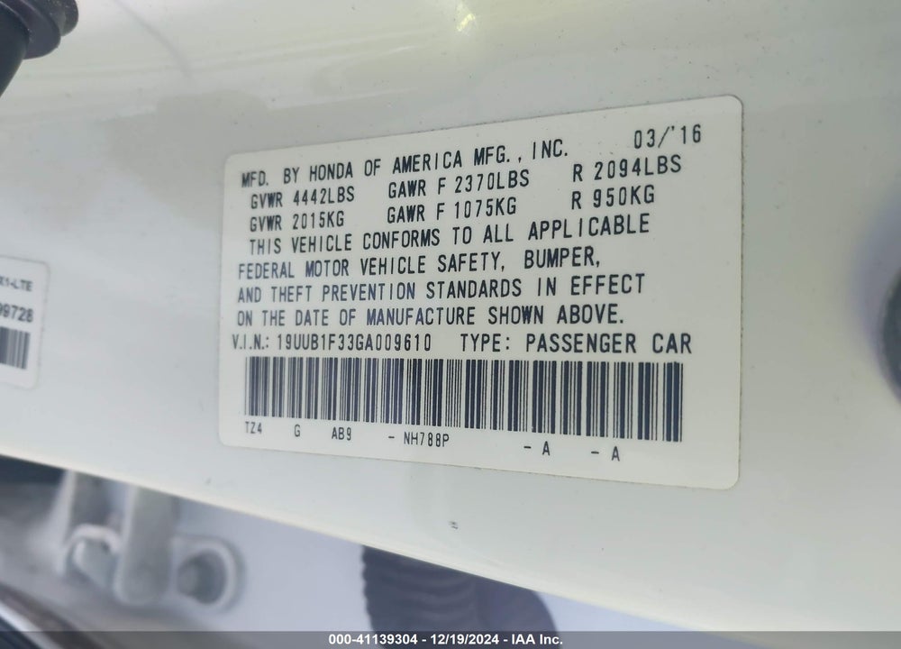 2016 ACURA TLX VIN: 19UUB1F33GA009610