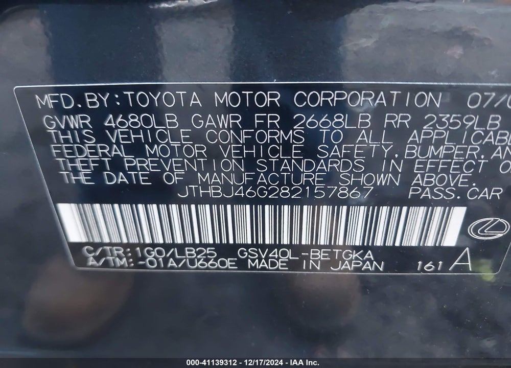 2008 LEXUS ES 350 VIN: JTHBJ46G282157867