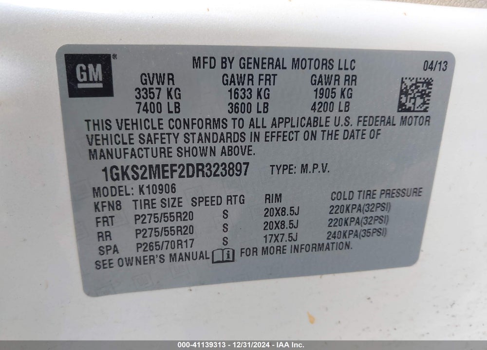 2013 GMC YUKON XL 1500 DENALI VIN: 1GKS2MEF2DR323897