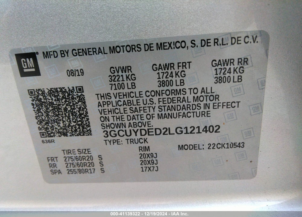2020 CHEVROLET SILVERADO VIN: 3GCUYDED2LG121402